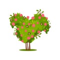 Flat vector icon of big green bush with pink roses. Gorgeous flowering plant. Beautiful garden flowers. Natural element