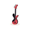 Flat vector icon of black and red electric guitar. Modern stringed musical instrument. Element for promo poster or music Royalty Free Stock Photo