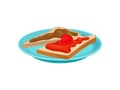 Flat vector icon of blue plate with two slices of bread with chocolate strawberry suryp. Sweet breakfast Royalty Free Stock Photo