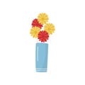 Flat vector icon of blue vase with bright yellow and red flowers. Beautiful gift bouquet. Natural element for home decor Royalty Free Stock Photo