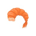 Flat vector icon of boiled prawn without head. Shrimp with bright red shell. Delicious marine product