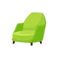 Flat vector icon of bright green armchair with wooden legs. Cozy soft chair. Comfortable furniture for living room