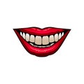 Flat vector icon of bright red female lips. Sincere woman s smile with white teeth. Design for mobile app, sticker