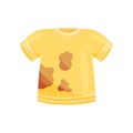 Flat vector icon of bright yellow t-shirt with brown spots. Clothes for washing. Dirty garment