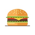Flat vector icon burger with patty, cheese, tomato and sesame bun for hamburger menu Royalty Free Stock Photo