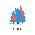 Flat vector icon with burning fir trees. Forest in fire. Emergency situation. Natural disaster. Element for infographic Royalty Free Stock Photo
