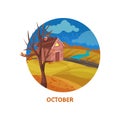 Flat vector icon in circle shape with little house, tree with fallen leaves, river and field. Rainy October day. Autumn