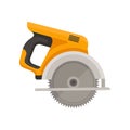 Flat vector icon of circular saw with steel toothed disc. Electric hand tool for cutting wood or metal. Building