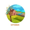 Flat vector icon of countryside with small house, tree with fallen leaves, river and field. Autumn landscape. September