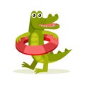 Flat vector icon of crocodile with red inflatable ring. Cartoon character of funny humanized animal Royalty Free Stock Photo