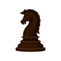 Flat vector icon of dark brown wooden chess piece - knight. Small figurine of strategic board game
