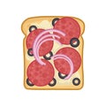 Flat vector icon of delicious sandwich. Rye bread with slices of salami, black olives and onion. Tasty snack for