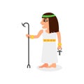 Flat vector icon of Egyptian queen with scepter and ankh cross in hands. Cartoon woman character in traditional dress Royalty Free Stock Photo