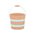 Flat vector icon of empty wooden bucket for garden. Small water pail with metal handle and hoops Royalty Free Stock Photo