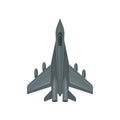 Flat vector icon of fast military aircraft. Air force fighter. Gray jet with powerful engines. Element for mobile game