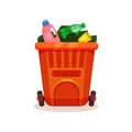 Flat vector icon of garbage bin with plastic waste. Empty bottles and cup in orange container. Trash sorting theme