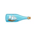 Flat vector icon of glass bottle with sea ship and water inside. Miniature model of marine vessel. Hobby and handmade