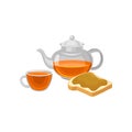 Flat vector icon of glass teapot and cup with fresh brewed tea, toast with peanut butter. Delicious breakfast. Food and
