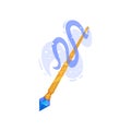 Flat vector icon of golden magic wand with blue gemstone and dust. Stick with magical glow. Witchcraft theme Royalty Free Stock Photo