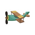 Flat vector icon of green biplane. Aircraft with propeller and wooden wings. Air vehicle