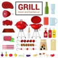 Flat vector icon of grill meat barbecue BBQ cooking outdoor