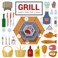 Flat vector icon of grill meat fish barbecue BBQ cooking outdoor