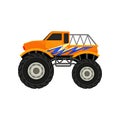 Flat vector icon of heavy monster truck. Orange pickup with large tires, black tinted windows and blue decal. Automobile