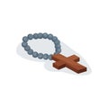 Flat vector icon of holy Christian rosary. Chaplet with brown wooden cross. Religious attribute of Catholic church