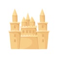Flat vector icon of huge sand castle with towers. Beach vacation theme. Element for poster, children book or mobile game Royalty Free Stock Photo