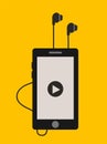 flat Vector icon - illustration of music player phone with earphones on orange background Royalty Free Stock Photo