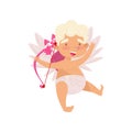 Flat vector icon of joyful cupid. Cute angel of love with little wings. Cartoon character of baby boy with pink bow and Royalty Free Stock Photo