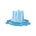 Flat vector icon of large ice mountain floating in pure blue water. Northern scenery with iceberg. Travel or environment