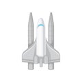 Flat vector icon of large space shuttle. Gray spacecraft with big turbines. Modern flying technology