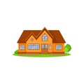 Flat vector icon of lovely two-storey house with wooden roof. Little fence, green trees and bushes on front yard Royalty Free Stock Photo