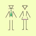 Flat vector: icon of a man and a woman on yellow background. Isolated toilet sign. Schematic figures consisting of simple lines. Royalty Free Stock Photo