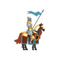 Flat vector icon of middle ages knight sitting on horseback and holding blue flag in hand. Guardian of the kingdom