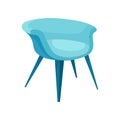 Flat vector icon of modern bright blue armchair with long legs. Stylish cushioned furniture. Comfortable soft chair Royalty Free Stock Photo