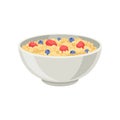 Flat vector icon of oatmeal porridge or rice with blueberry and strawberry in ceramic bowl. Delicious and healthy food Royalty Free Stock Photo