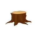Flat vector icon of old brown tree stump with annual growth rings and big roots. Natural forest element