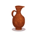 Flat vector icon of old clay jug with traditional ornament. Ancient ceramic amphora with handle and narrow neck Royalty Free Stock Photo