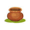 Flat vector icon of old pottery jug on green grass. Clay pot with ornament and crack. Ceramic crockery. Stone Age theme Royalty Free Stock Photo