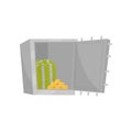 Flat vector icon of opened safe full of cash and gold bars. Storage for money and jewels. Banking and finance theme