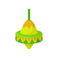 Flat vector icon of pear-shaped humming top. Plastic green-yellow whirligig with pattern. Spinning top. Children toy