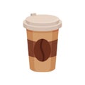 Flat vector icon of plastic cup with fresh coffee. Delicious hot drink. Tasty beverage