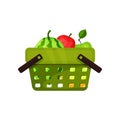 Flat vector icon of plastic shopping basket with fresh fruits. Ripe watermelon and apples. Natural and healthy food Royalty Free Stock Photo