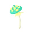 Flat vector icon of poisonous mushroom with green spotted cap and thin stalk. Magic forest plant