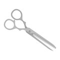 Flat vector icon of professional hair thinning scissors. Steel barber`s shears. Instrument for cutting hair