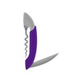 Flat vector icon of purple folding stainless steel bottle opener with knife. Corkscrew with spiral metal rod.