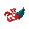 Flat vector icon of red hermit crab with shell. Smiling marine animal with big claws and shiny eyes. Sea life theme Royalty Free Stock Photo