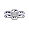 Flat vector icon of remote controlled drone with six blue blades. Flying quadcopter. Modern technology